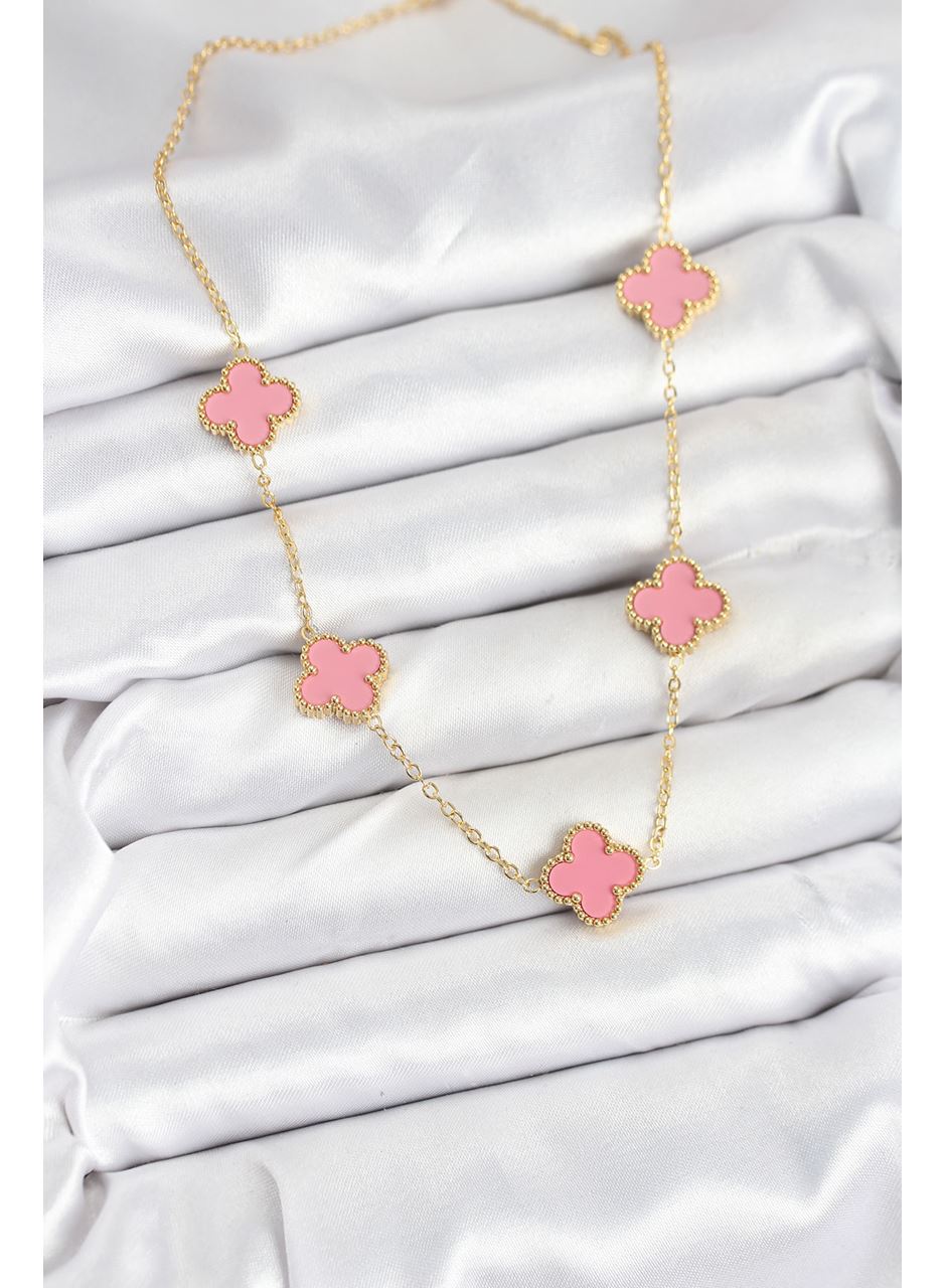 316L Çelik Zincir Gold Pembe Renk Yonca Kadın Kolye