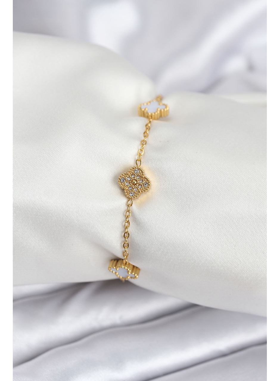 316L Çelik Gold Renk Beyaz ve Zirkon Taşlı Baby Boy Yonca Kadın Bileklik