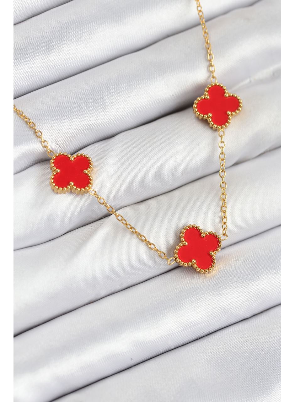 316L Çelik Zincir Gold Kırmızı Renk Yonca Kadın Kolye