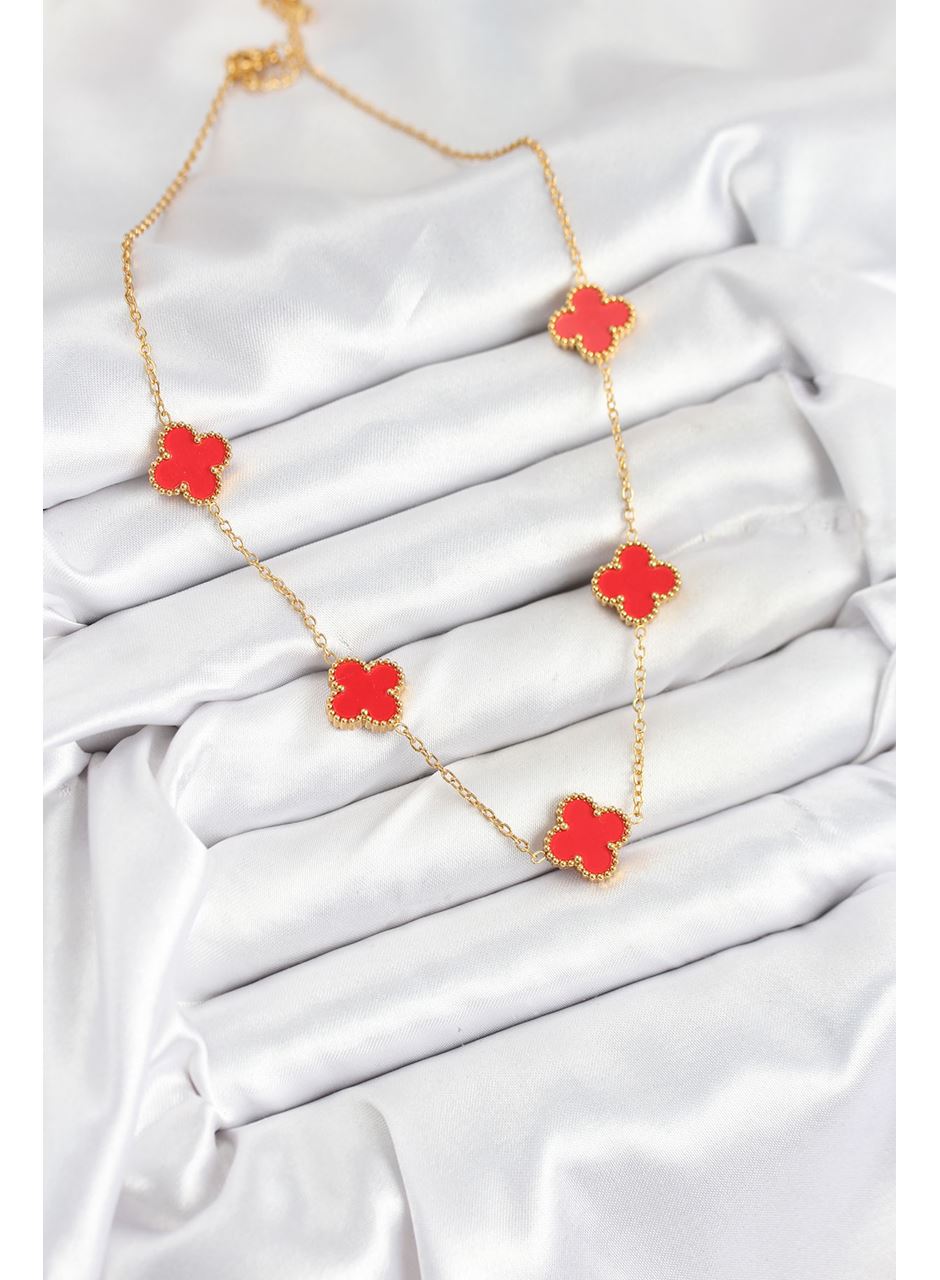 316L Çelik Zincir Gold Kırmızı Renk Yonca Kadın Kolye