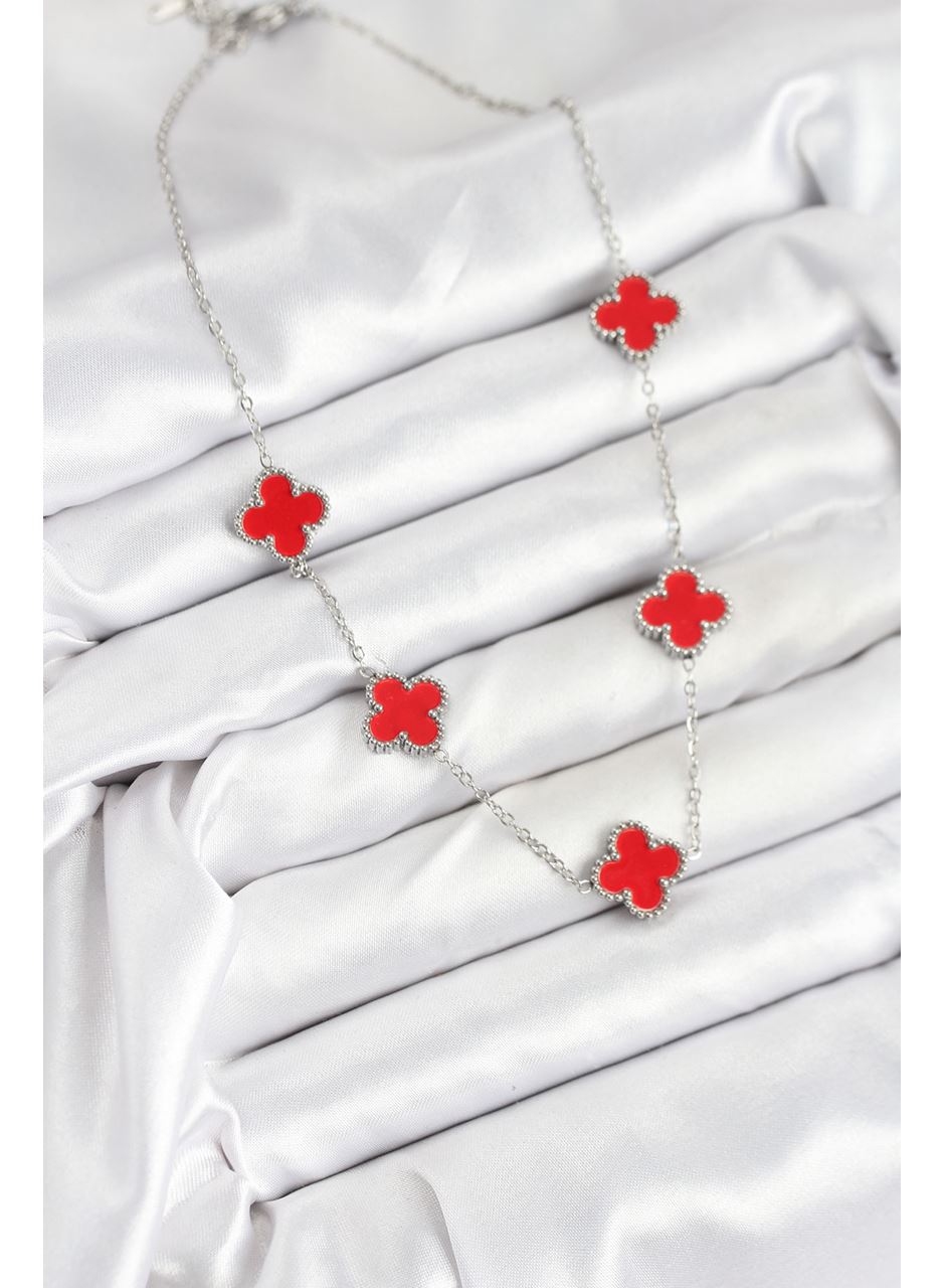 316L Çelik Zincir Gümüş Kırmızı Renk Yonca Kadın Kolye