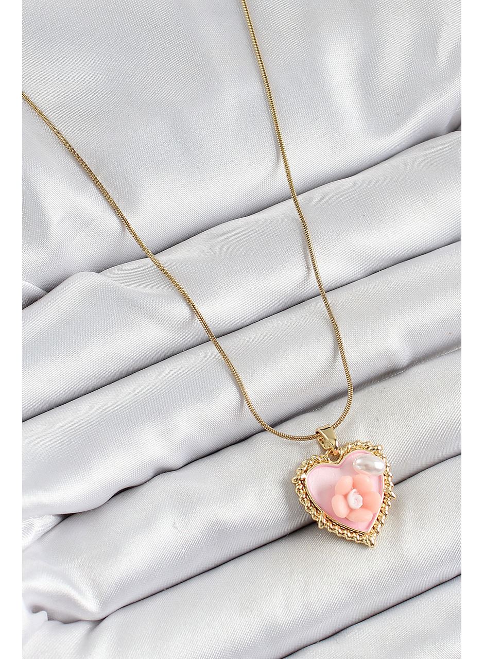316L Çelik Zincir Pembe Sanatsal Portre İnci Detaylı Papatya Figürlü Kalp Model Gold Renk Kadın Kolye