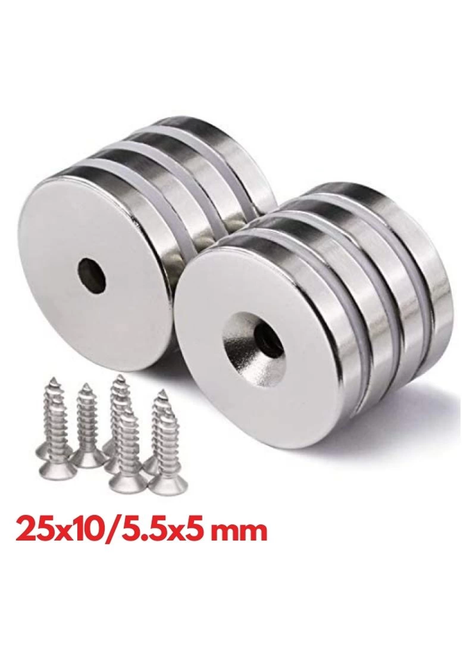 2 Adet 25x10/5x5,5 mm Neodyum Mıknatıs Havşa Delikli Magnet Vida Atılabilir N35 Nikel Paslanmaz (