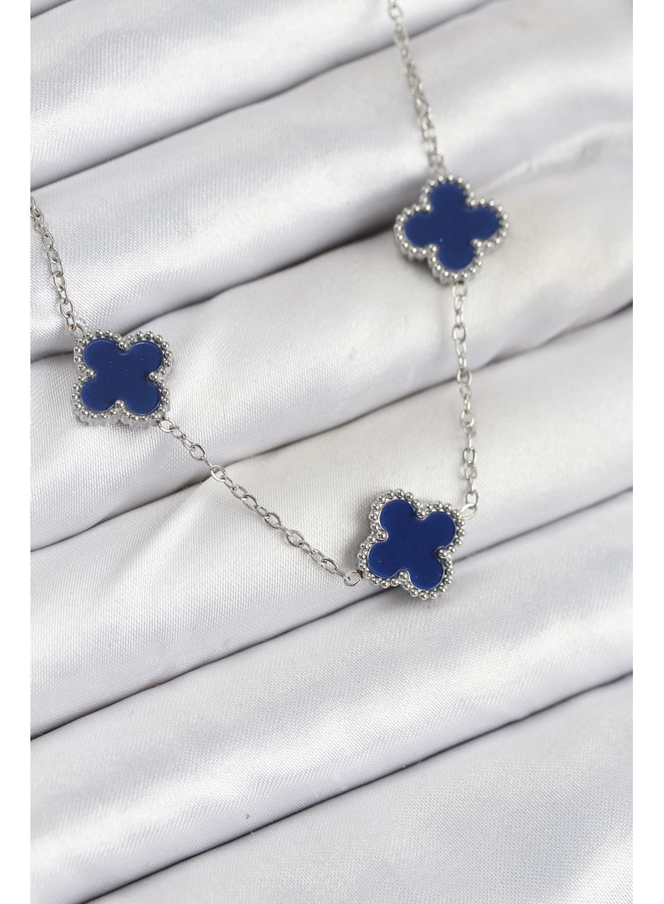 316L Çelik Zincir Gümüş Lacivert Renk Yonca Kadın Kolye