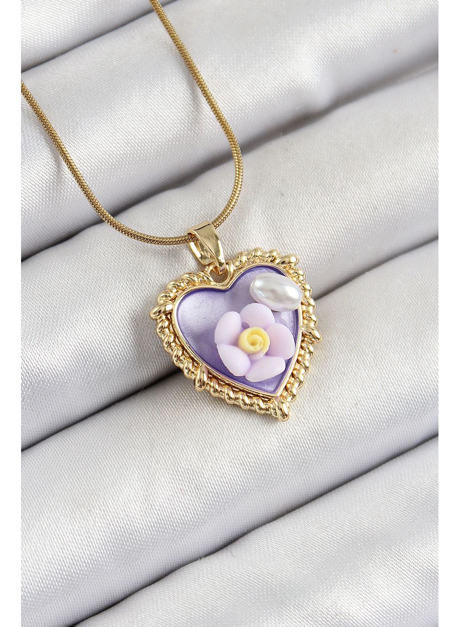 316L Çelik Zincir Mor Sanatsal Portre İnci Detaylı Papatya Figürlü Kalp Model Gold Renk Kadın Kolye