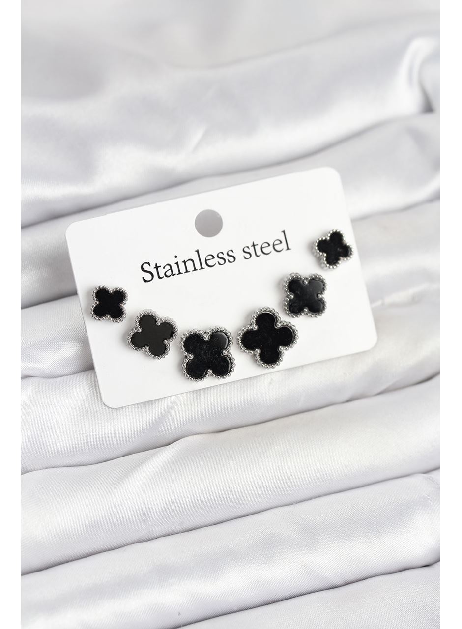 316L Çelik Gümüş Siyah Renk 3 Boy Yonca Küpe Seti