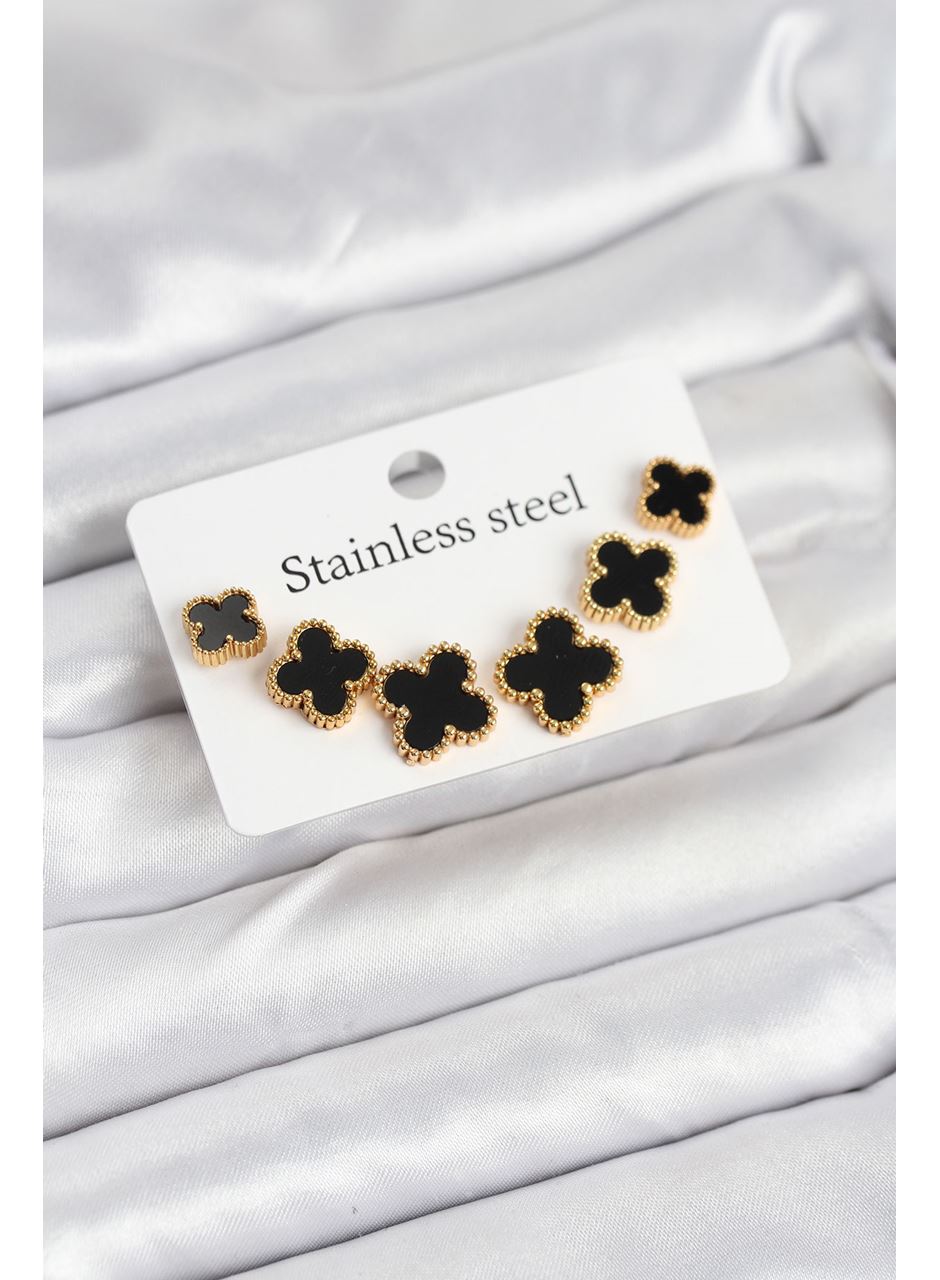 316L Çelik Gold Siyah Renk 3 Boy Yonca Küpe Seti