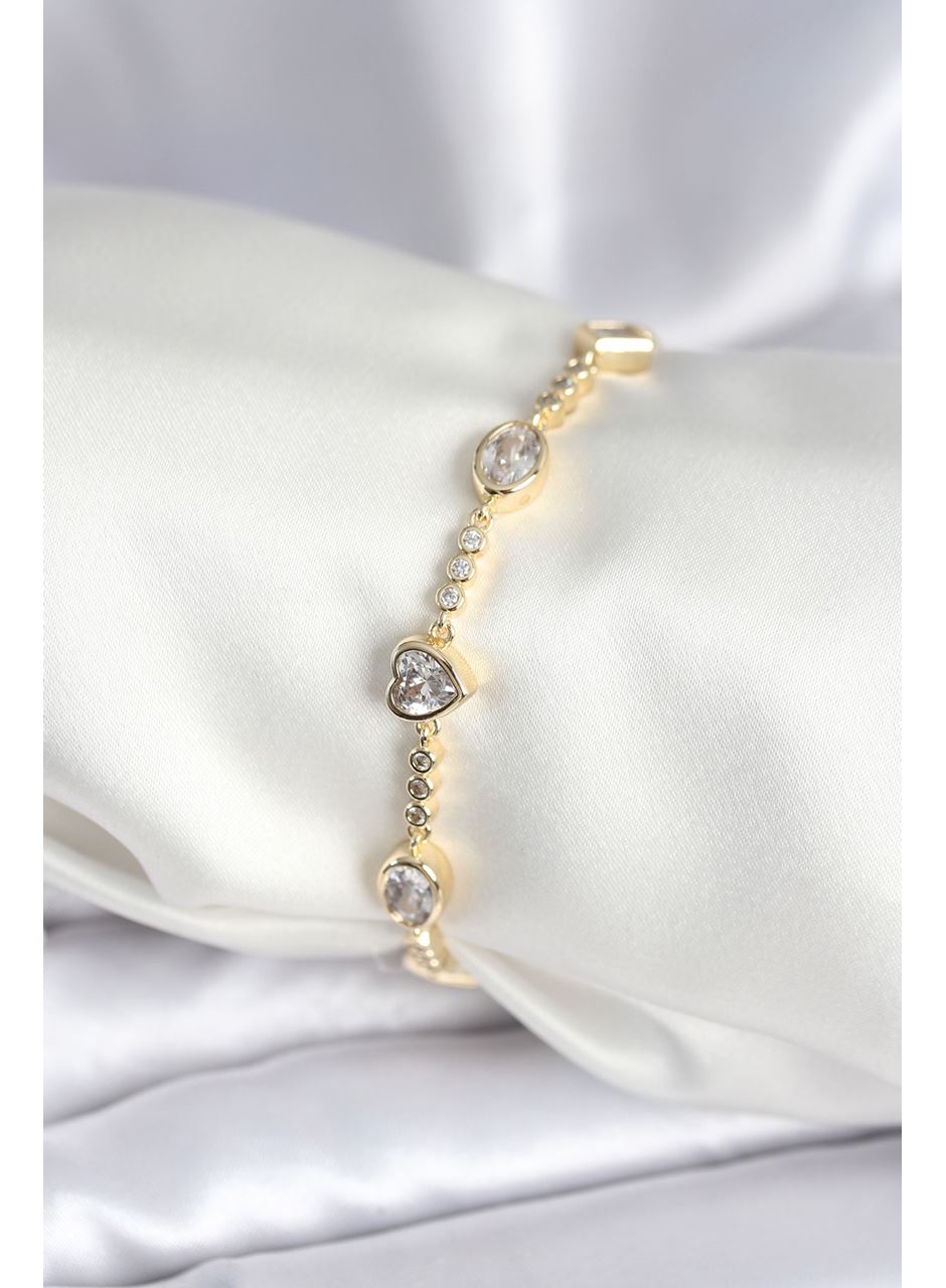 Pirinç Gold Renk Zirkon Taşlı Kalpli Model Kadın Bileklik