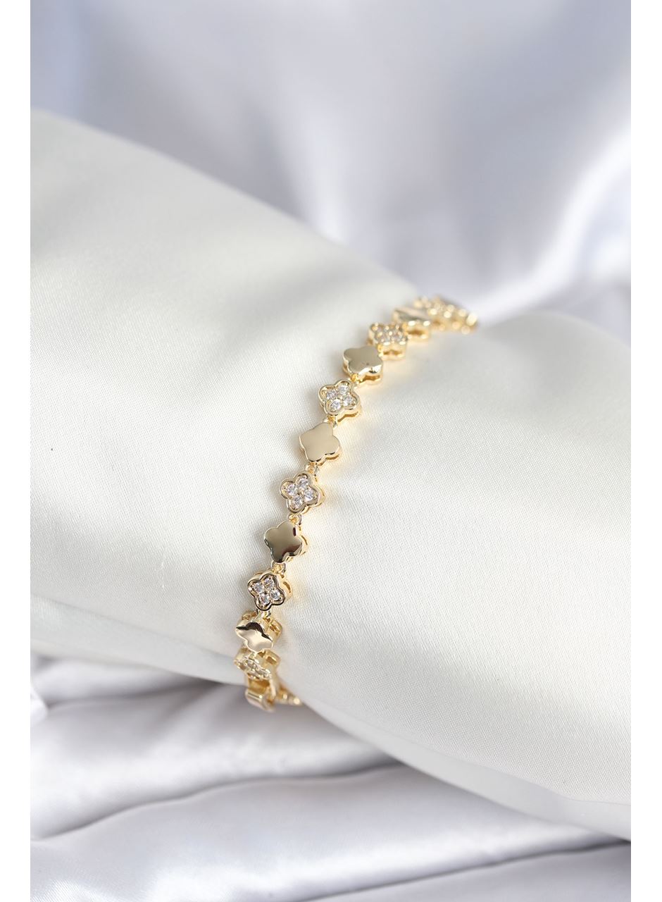 Pirinç Gold Renk Zirkon Taşlı Yonca Model Kadın Bileklik