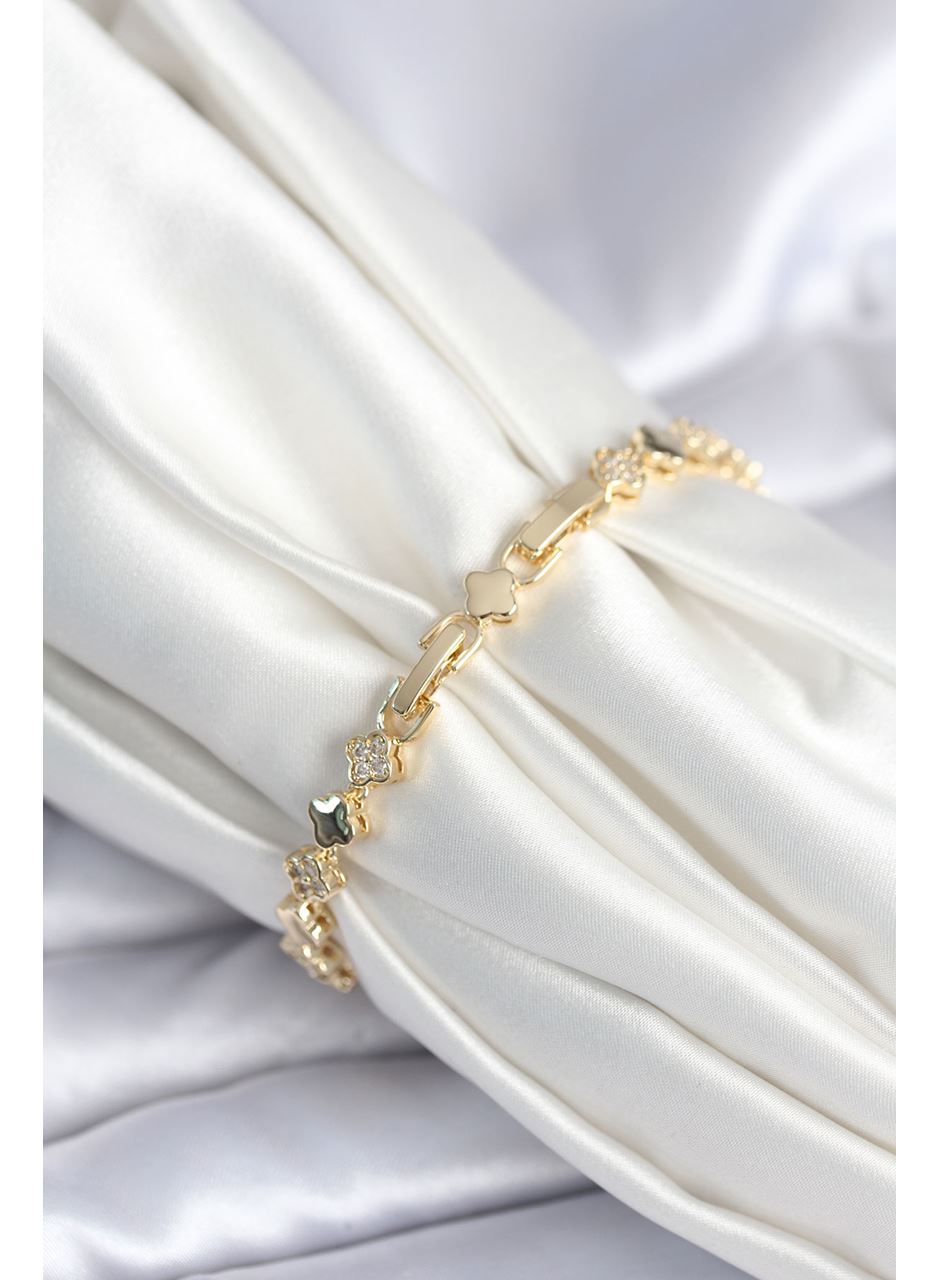 Pirinç Gold Renk Zirkon Taşlı Yonca Model Kadın Bileklik