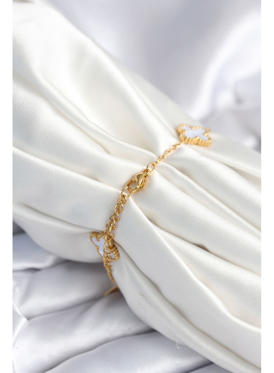 316L Çelik Zincir Zirkon Taşlı Yonca Beyaz Kadın Bileklik