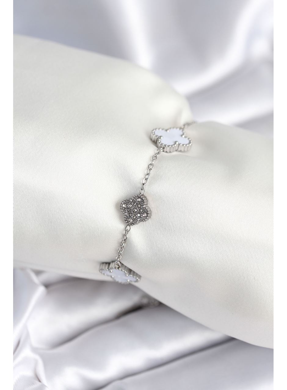 316L Çelik Zincir Gümüş Renk Zirkon Taşlı Yonca Beyaz Kadın Bileklik