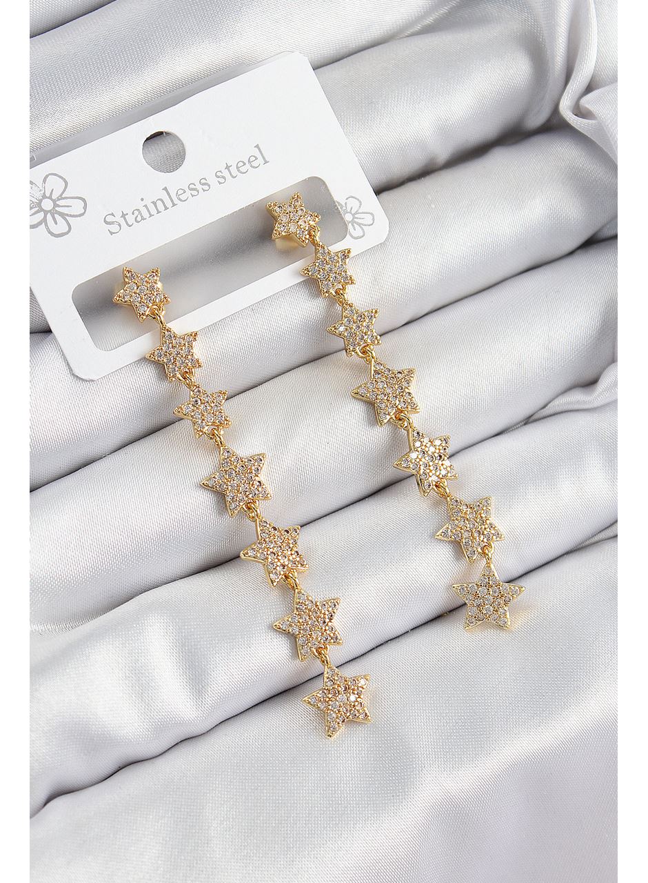 Pirinç Zirkon Taşlı Sallantılı Yıldız Model Gold Renk Kadın Küpe