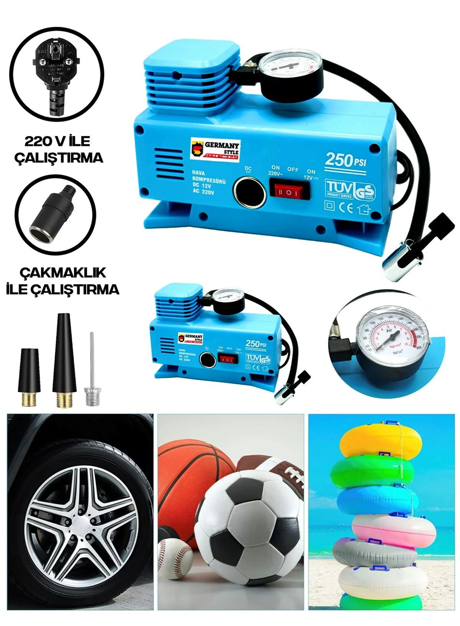 220 Volt-12 Volt 250 Psi Geniş Uygulama Yelpazesi Kompresör Lastik Hava Şişirme Oto Pompası (