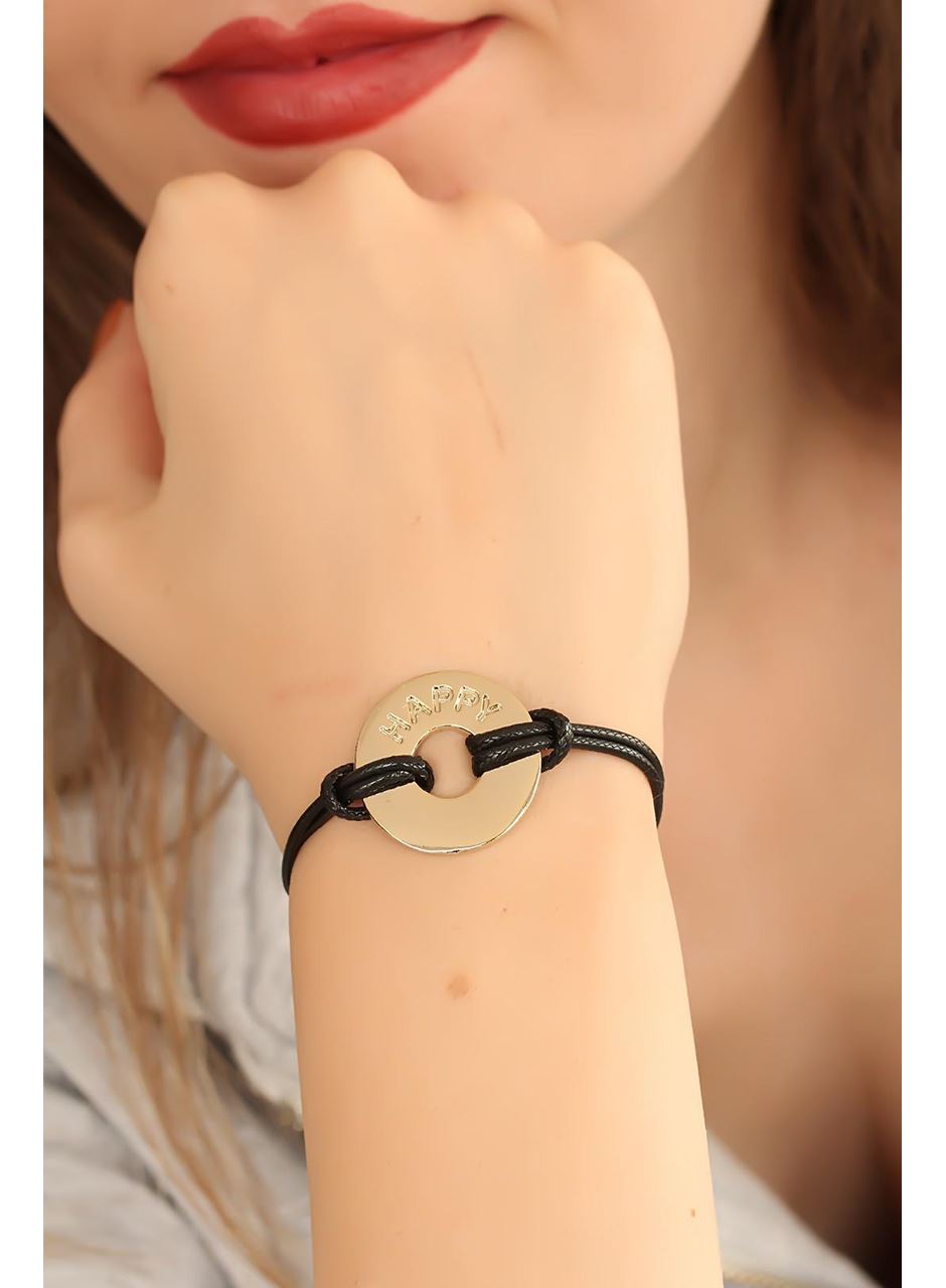 HAPPY (Mutlu) Siyah Deri İpli Unisex Mood Bileklik