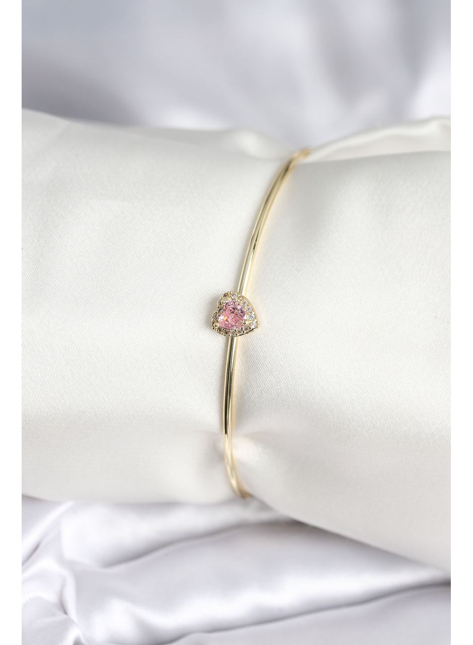 Pembe Zirkon Taşlı Kalp Model Gold Renk Kadın Bileklik