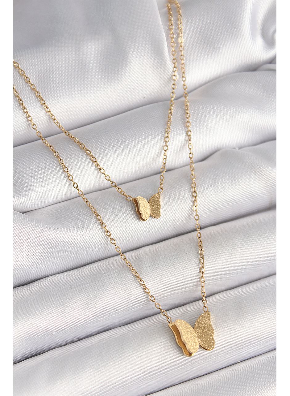 316L Çelik Gold Renk 2'Li Simli Kelebek Model Kadın Kolye