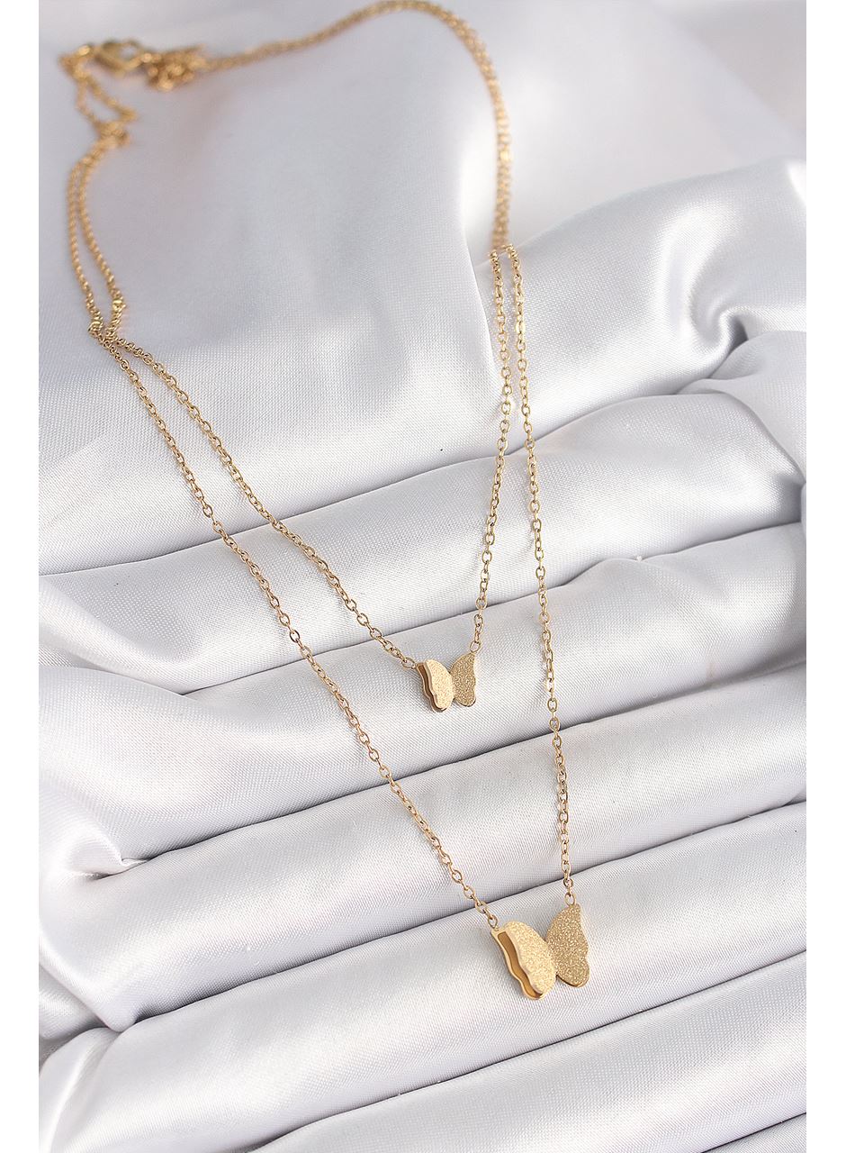 316L Çelik Gold Renk 2'Li Simli Kelebek Model Kadın Kolye