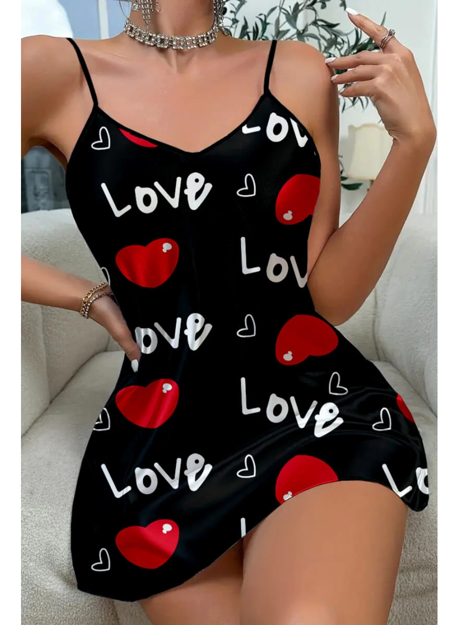 Love Desenli Siyah Saten Gecelik
