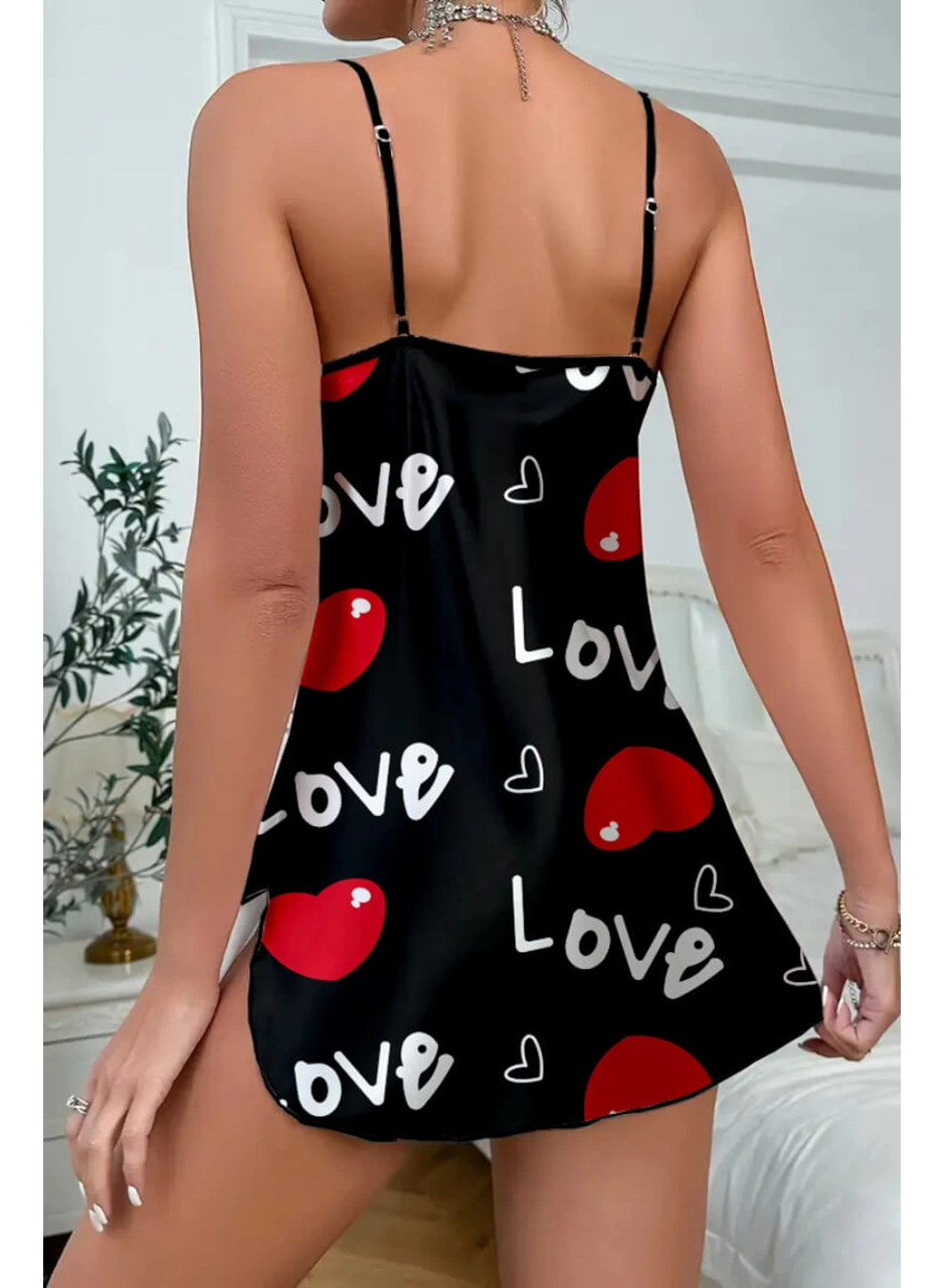 Love Desenli Siyah Saten Gecelik