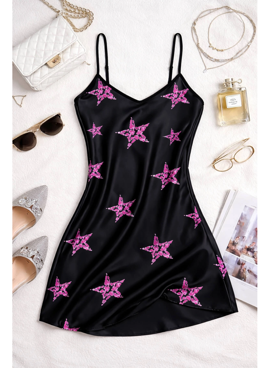 Yıldız Desenli Siyah Askılı Saten Gecelik