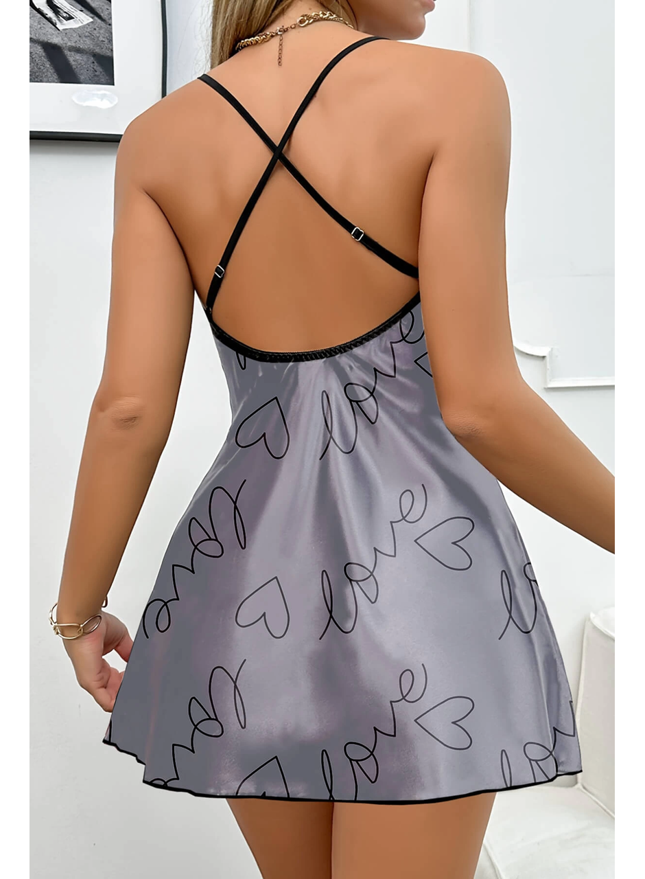 Love Baskılı Gri Saten Gecelik