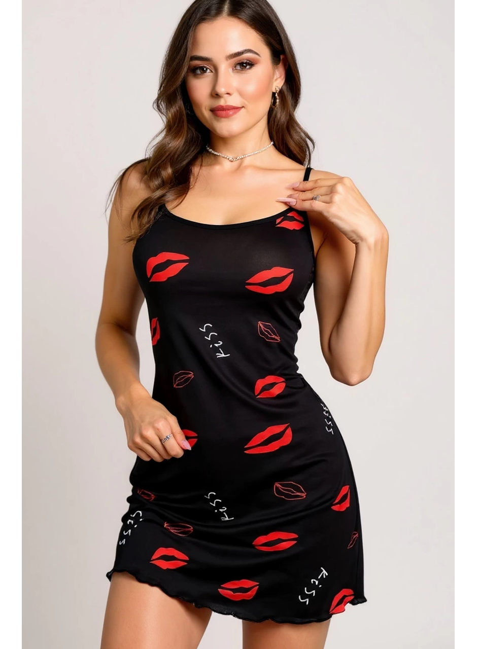 Dudak Desenli Siyah Askılı Gecelik