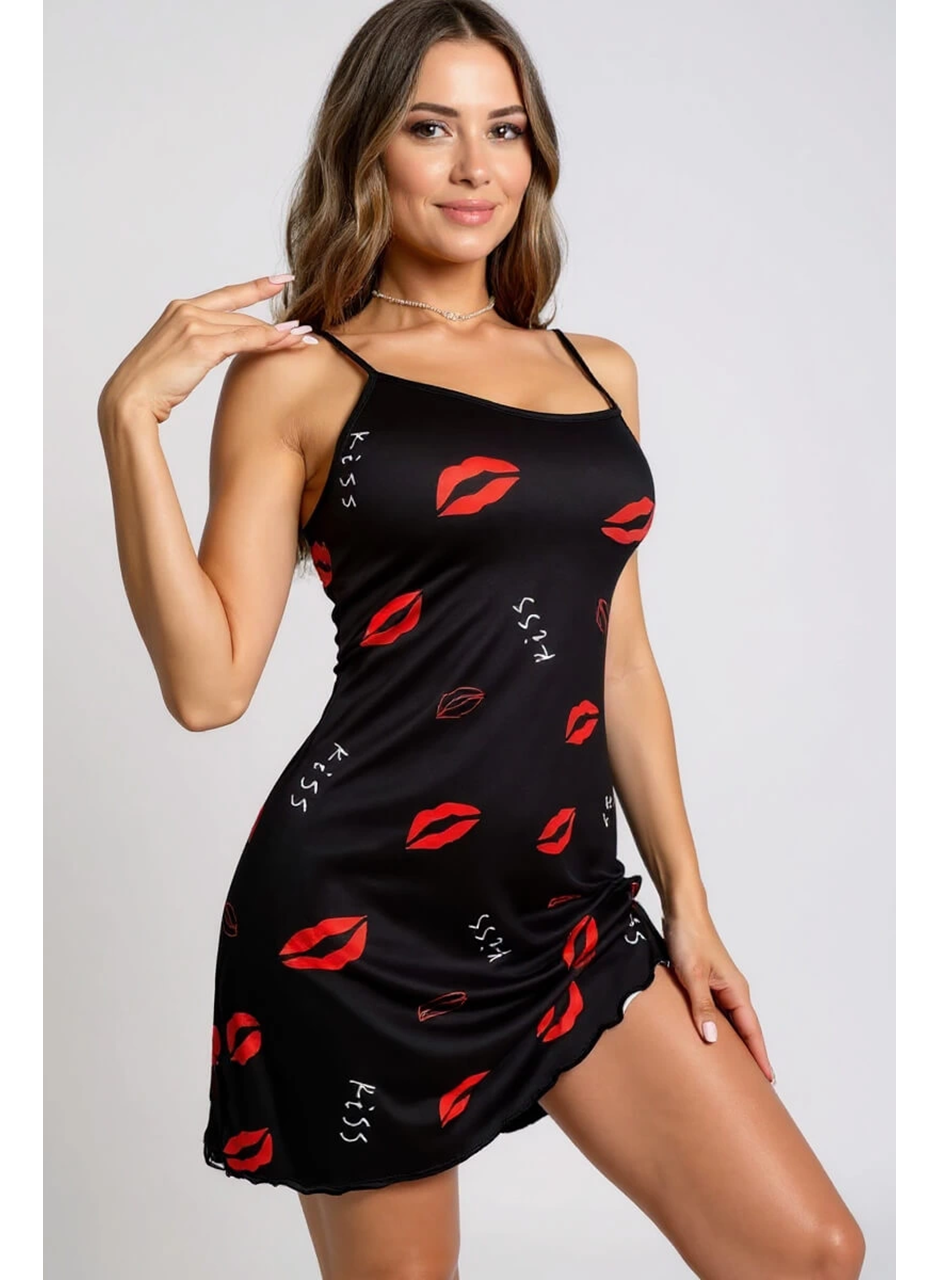 Dudak Desenli Siyah Askılı Gecelik