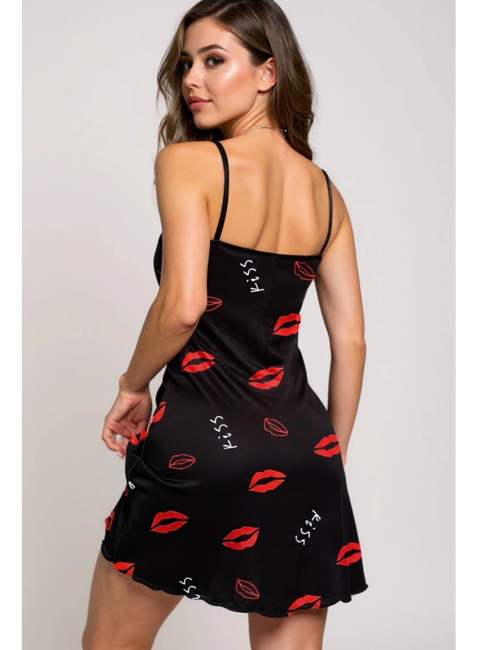 Dudak Desenli Siyah Askılı Gecelik