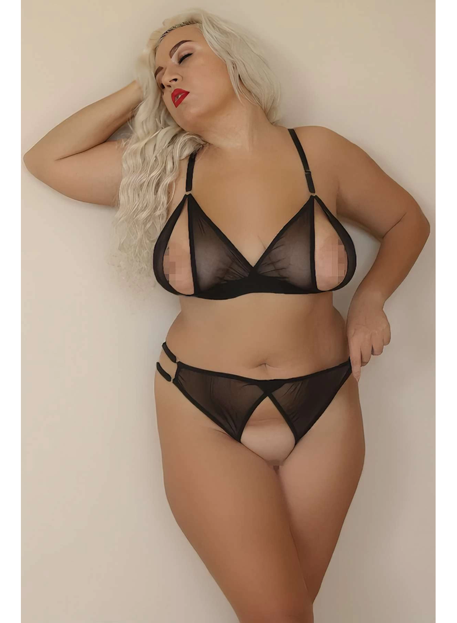 Özel Bölgeleri Açık Büyük Beden Siyah Transparan Fantazi Sütyen Takımı TM1306
