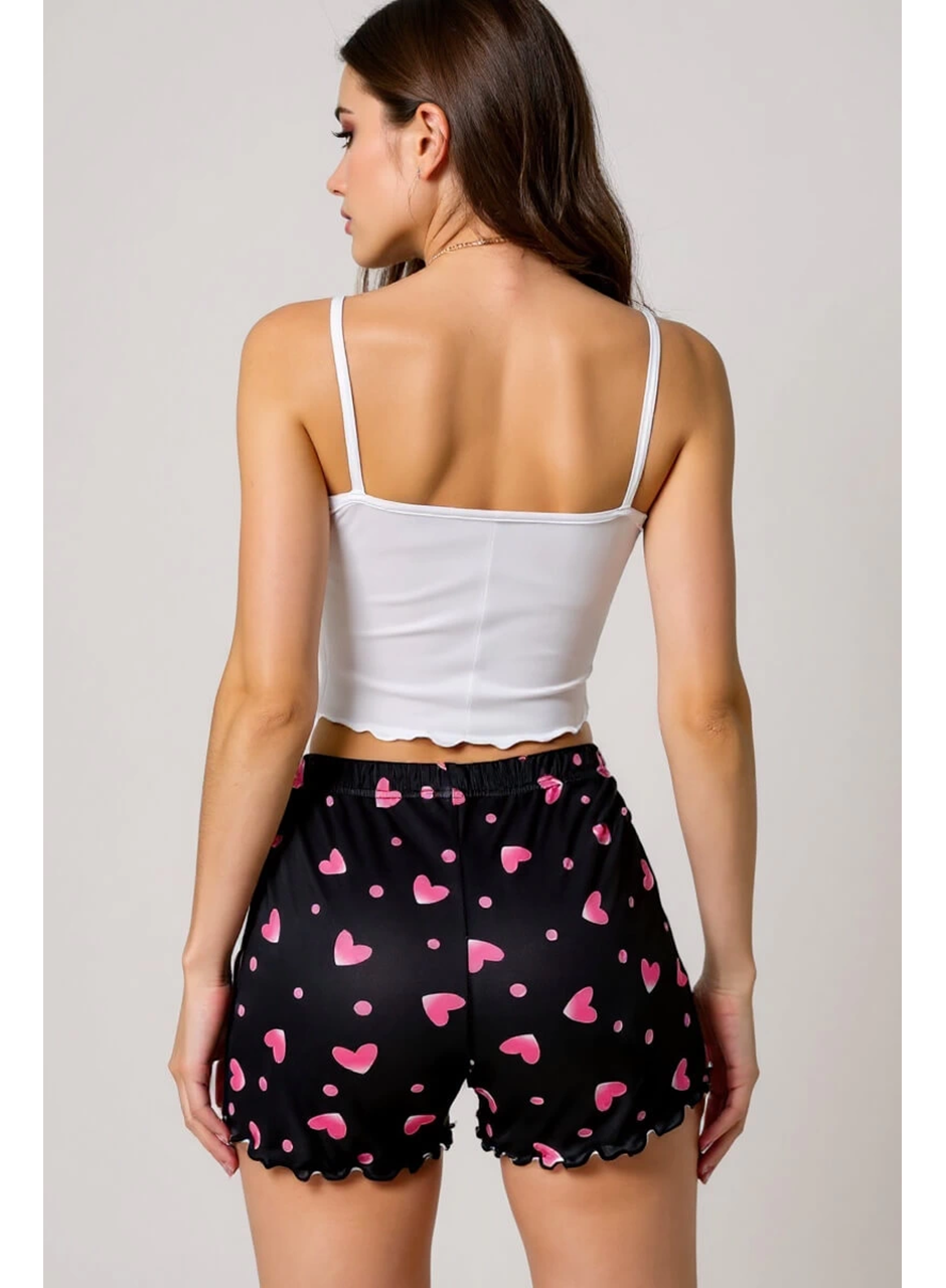 Kalp Desenli Askılı Şortlu Pijama Takımı