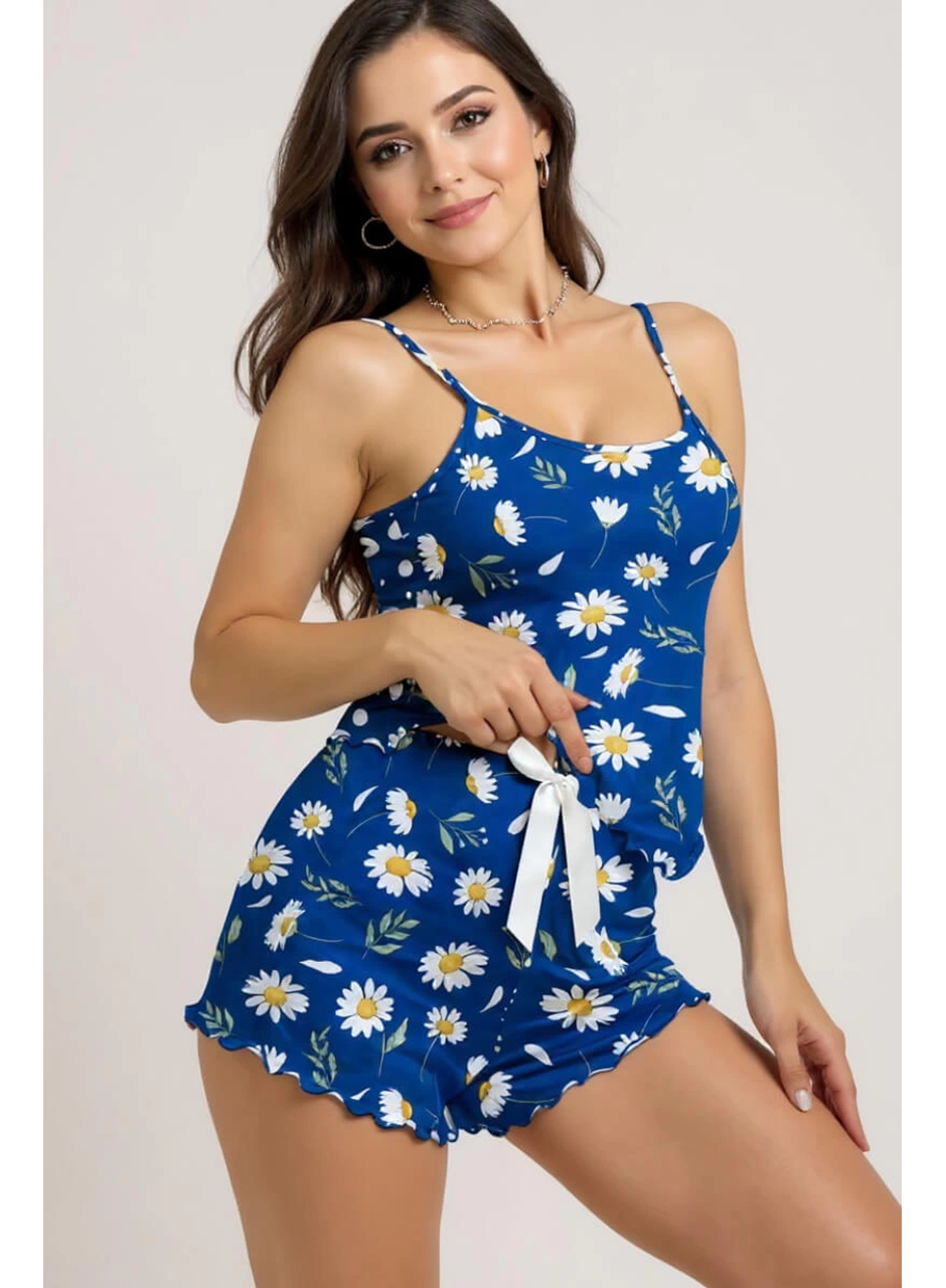 Papatya Desenli Mavi Askılı Şortlu Pijama Takımı