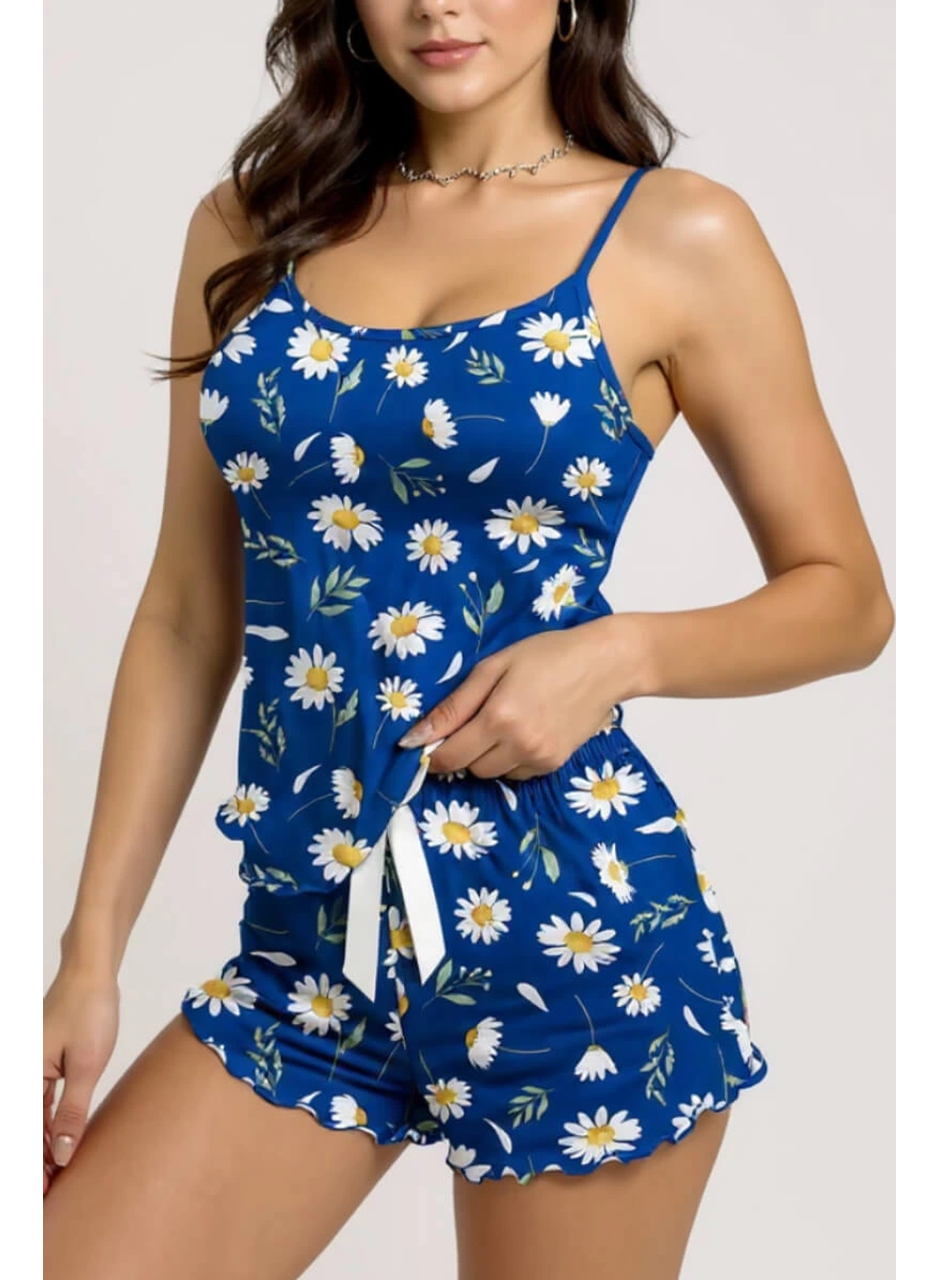 Papatya Desenli Mavi Askılı Şortlu Pijama Takımı