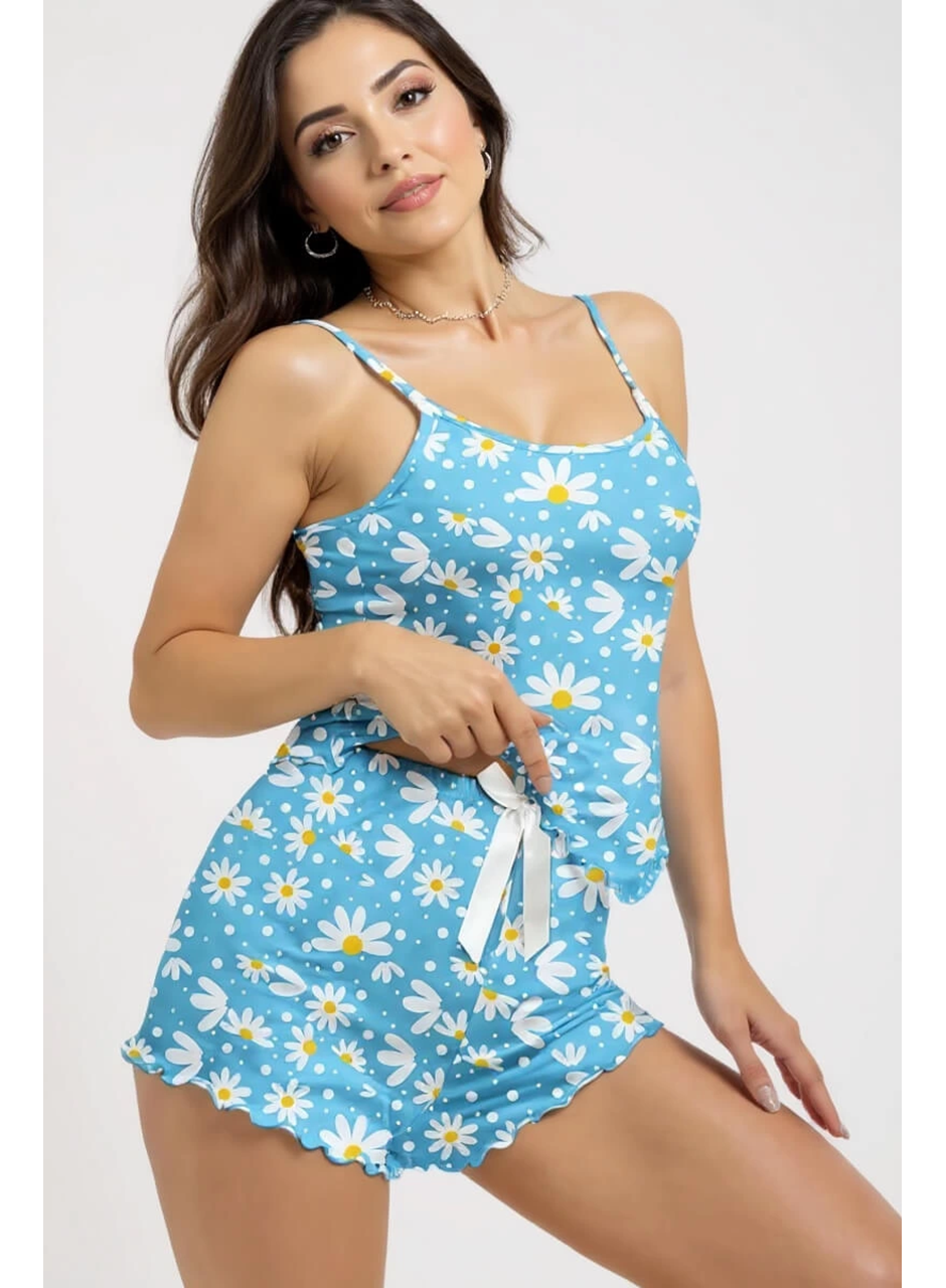 Papatya Baskılı Mavi Askılı Şortlu Pijama Takımı