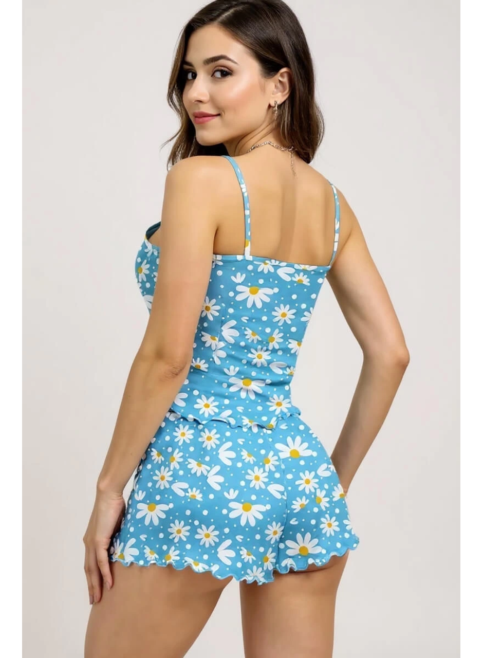 Papatya Baskılı Mavi Askılı Şortlu Pijama Takımı
