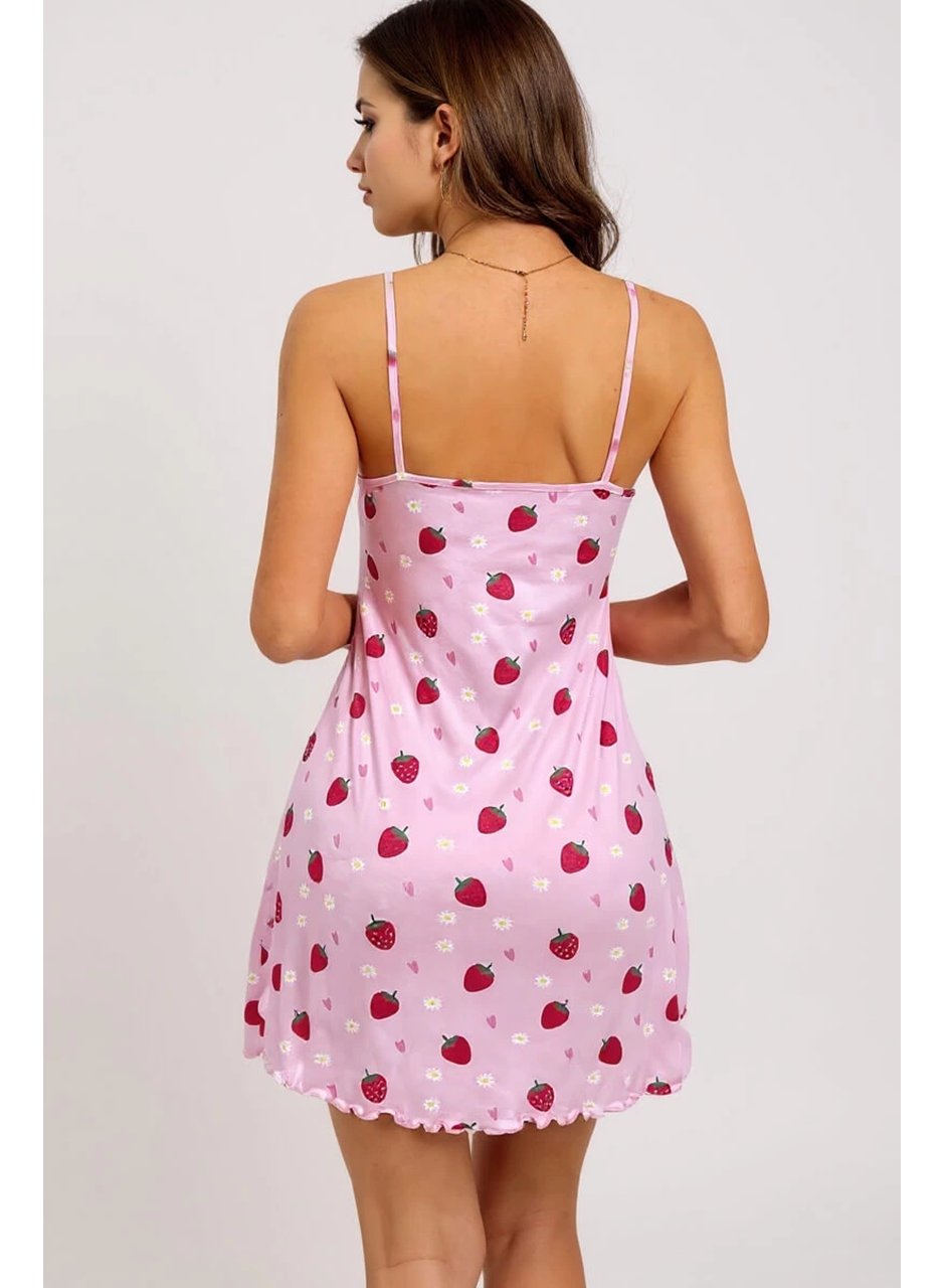 Pembe Çilek Desenli Askılı Kadın Gecelik