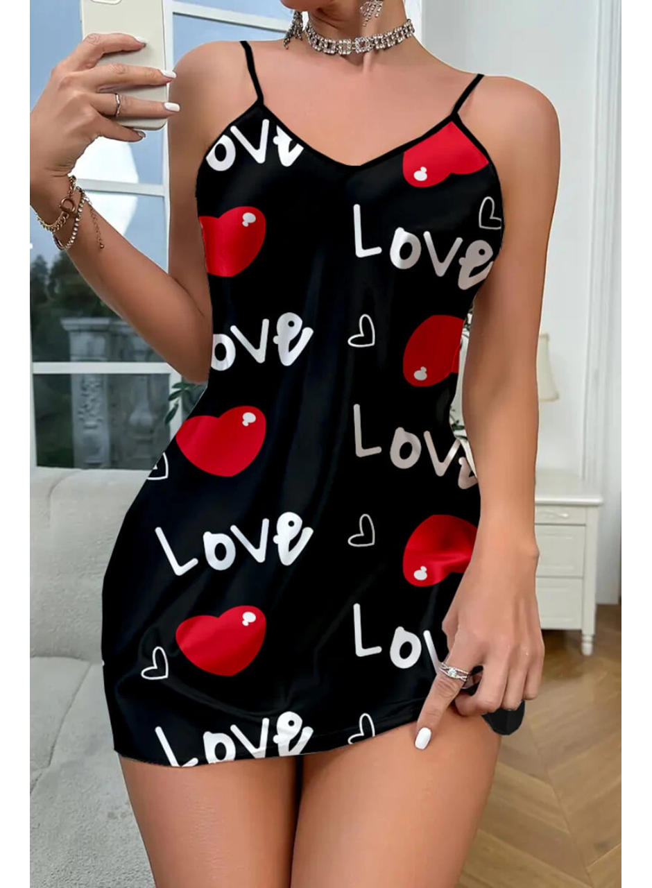 Love Desenli Siyah Saten Gecelik