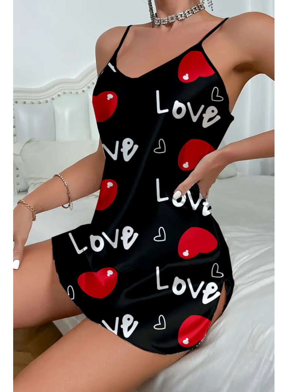 Love Desenli Siyah Saten Gecelik