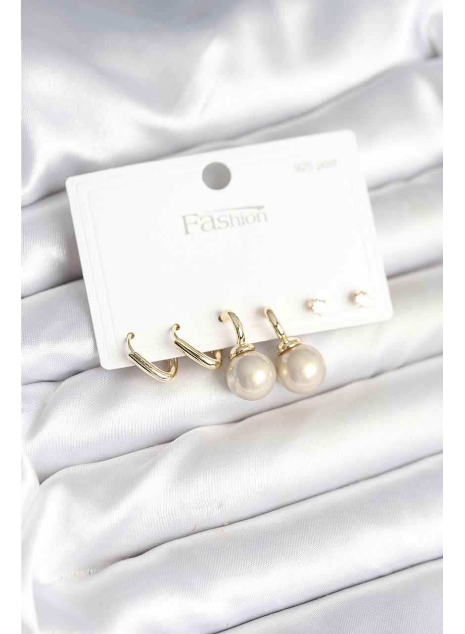 Pirinç Gold Renk İnci Detaylı 925 Gümüş Çivili Kadın Küpe Seti