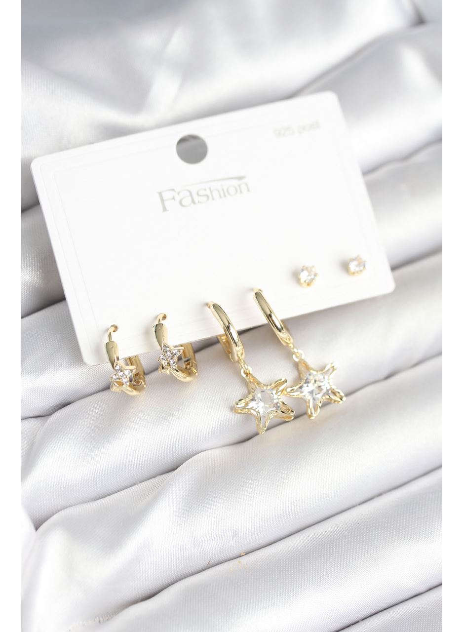 Pirinç Gold Renk Yıldız Model 925 Gümüş Çivili Kadın Küpe Seti