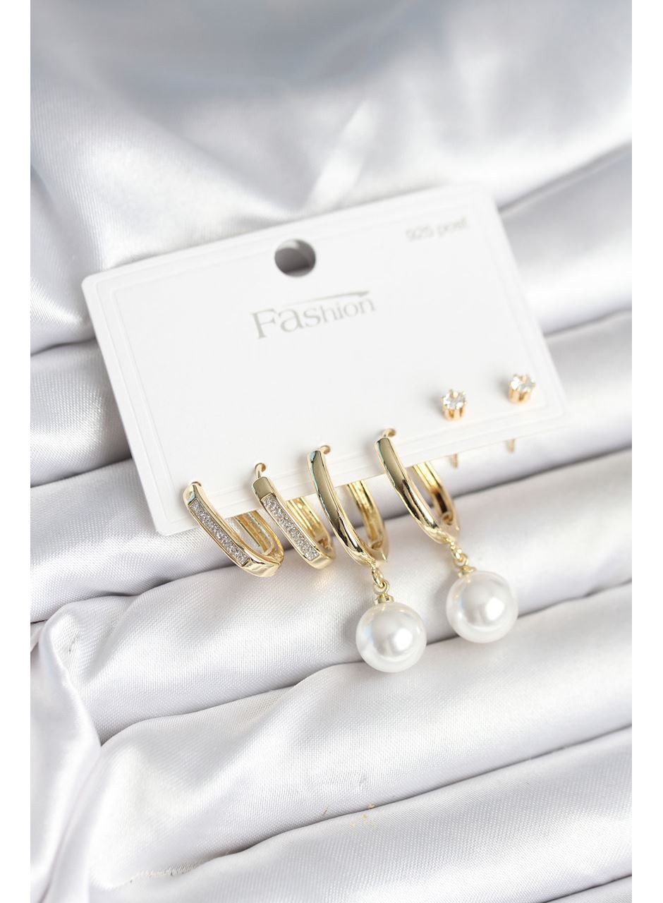 Pirinç Gold Renk İnci Detaylı 925 Ayar Gümüş Çivili Kadın Küpe Seti