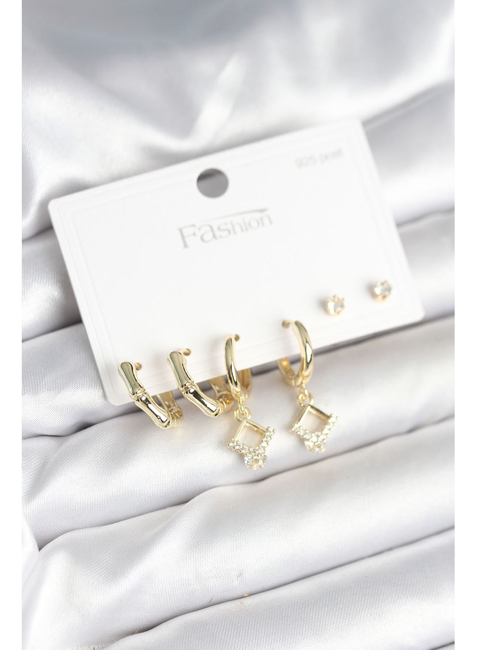 Pirinç Gold Renk 925 Ayar Gümüş Çivili Kadın Küpe Seti