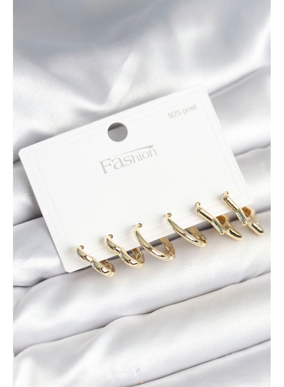 Pirinç Gold Renk Kalp Yıldız ve Halka Model 925 Ayar Gümüş Çivili Kadın Küpe Seti