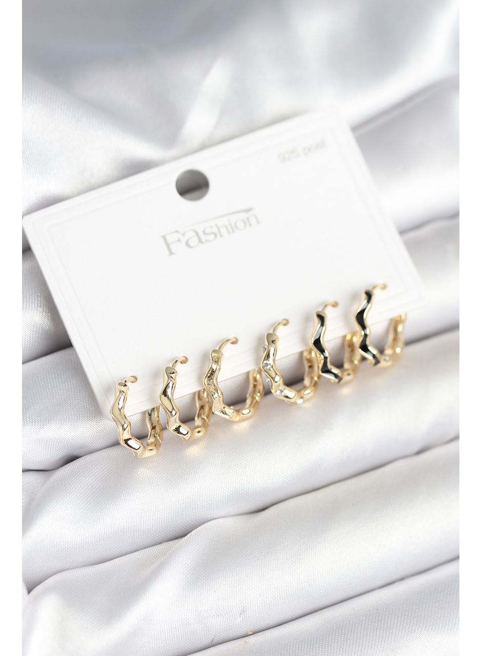 Gold Renk Pirinç Zikzak Model 925 Ayar Gümüş Çivili Kadın Küpe Seti