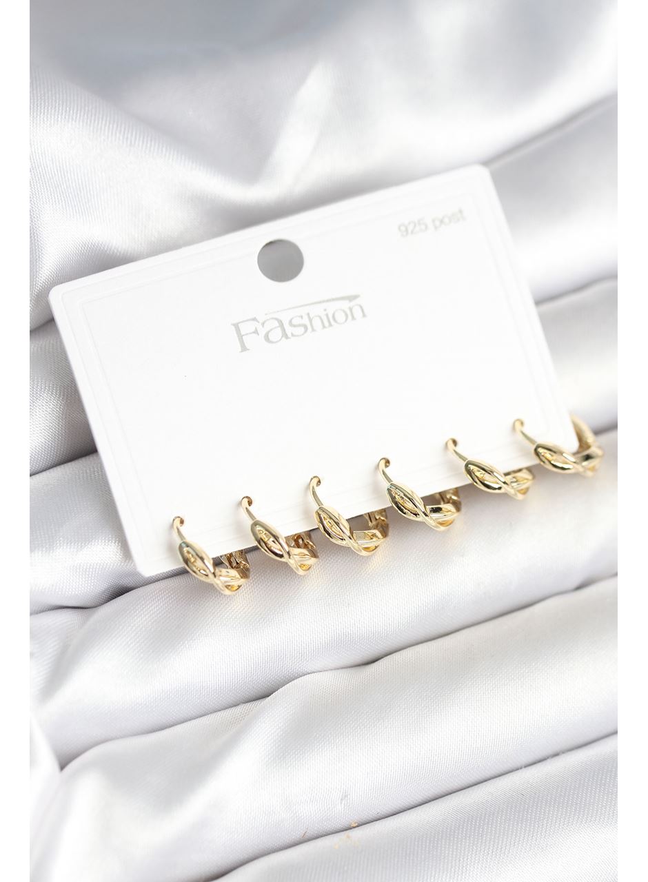 Gold Renk Pirinç Sarmal Model 925 Ayar Gümüş Çivili Kadın Küpe Seti