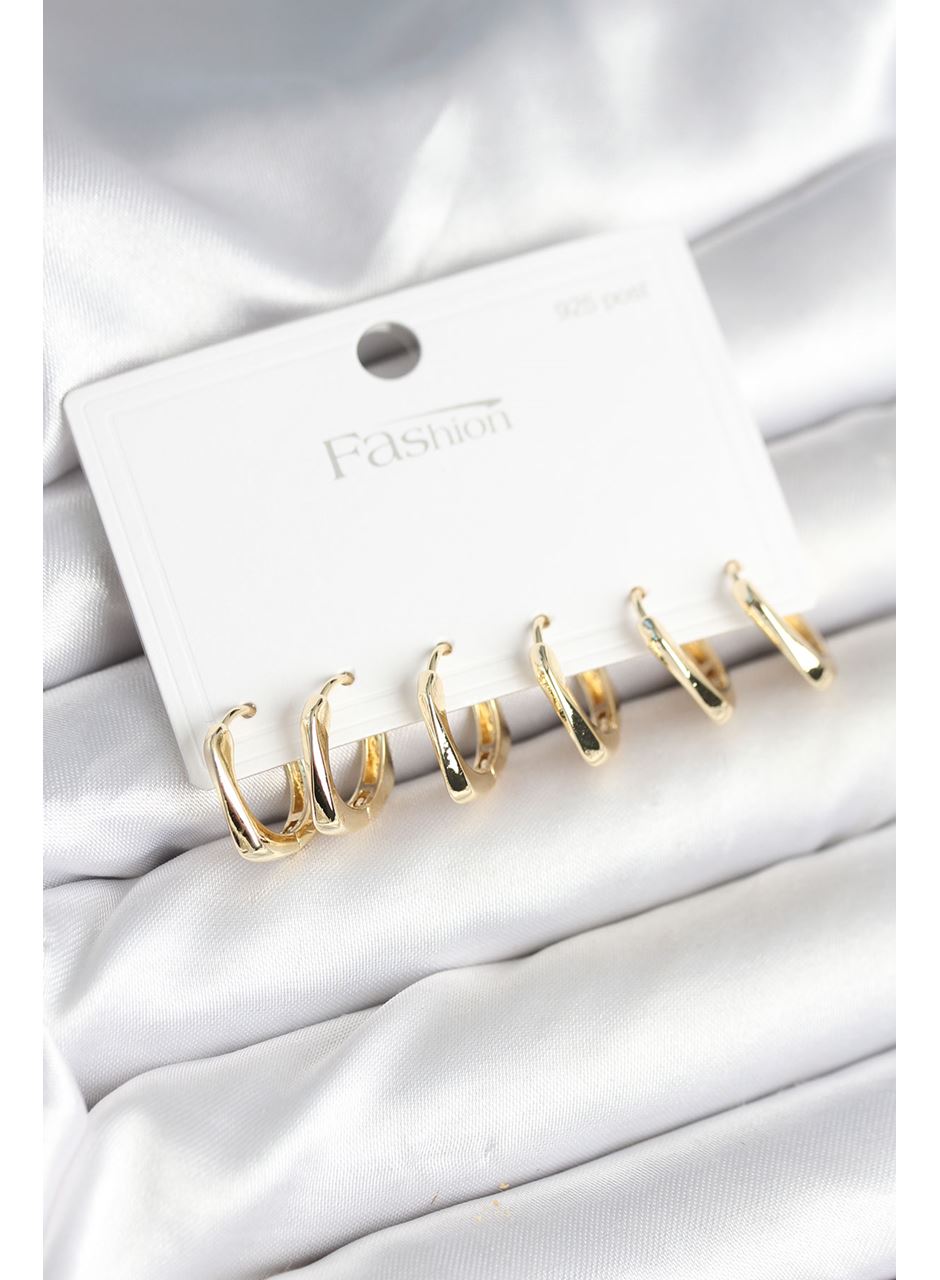 Gold Renk Pirinç Kare Halka Model 925 Ayar Gümüş Çivili Kadın Küpe Seti