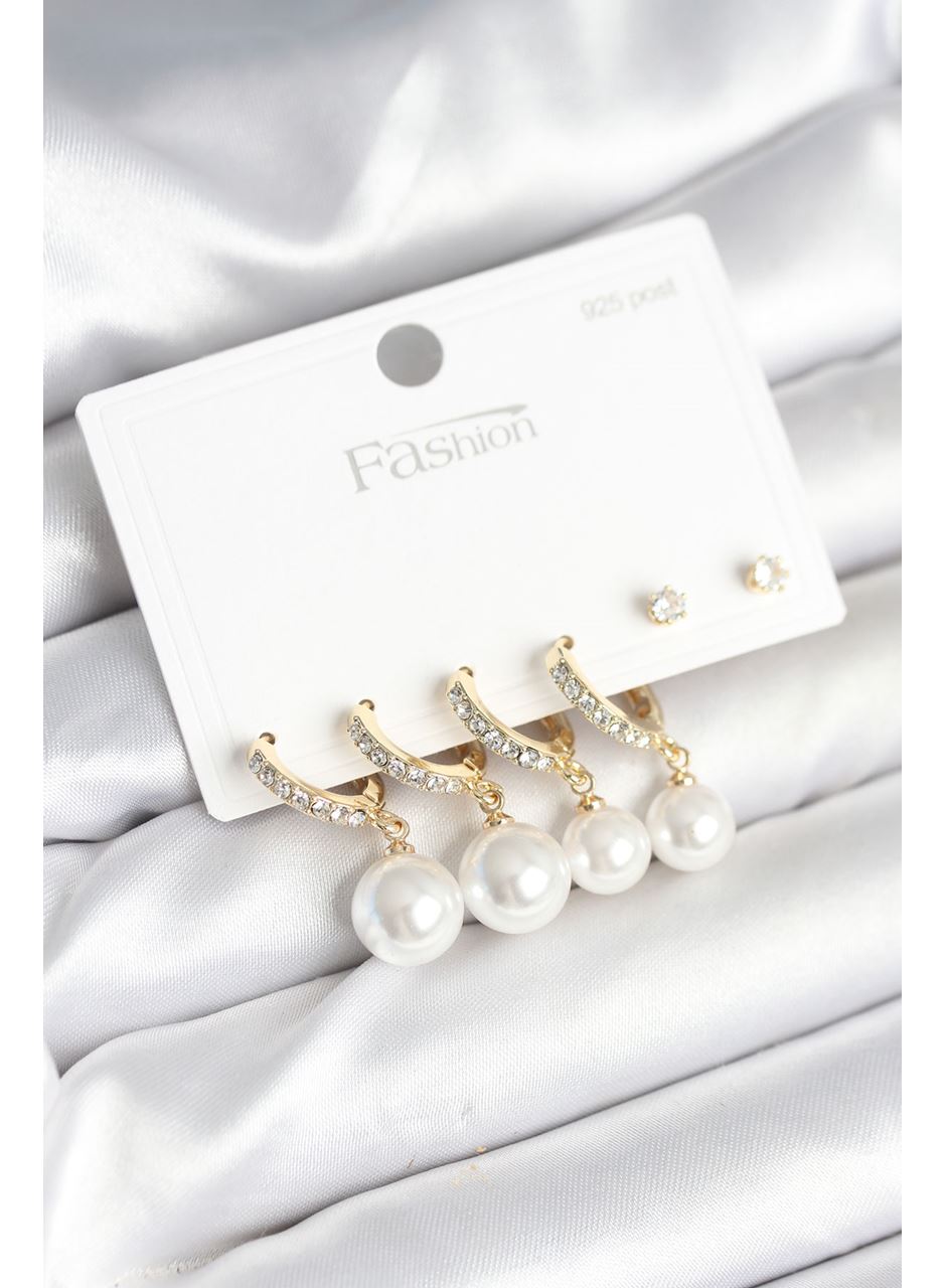 Gold Renk Zirkon Taşlı Pirinç İncili 925 Ayar Gümüş Çivili Küpe Seti