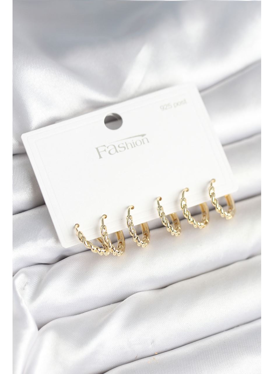 Gold Renk Burgu Halka Model 925 Ayar Gümüş Çivili Pirinç Küpe Seti