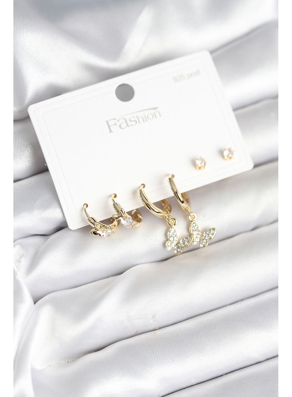 Gold Renk Pirinç Kelebek Model 925 Ayar Gümüş Çivili Kadın Küpe Seti