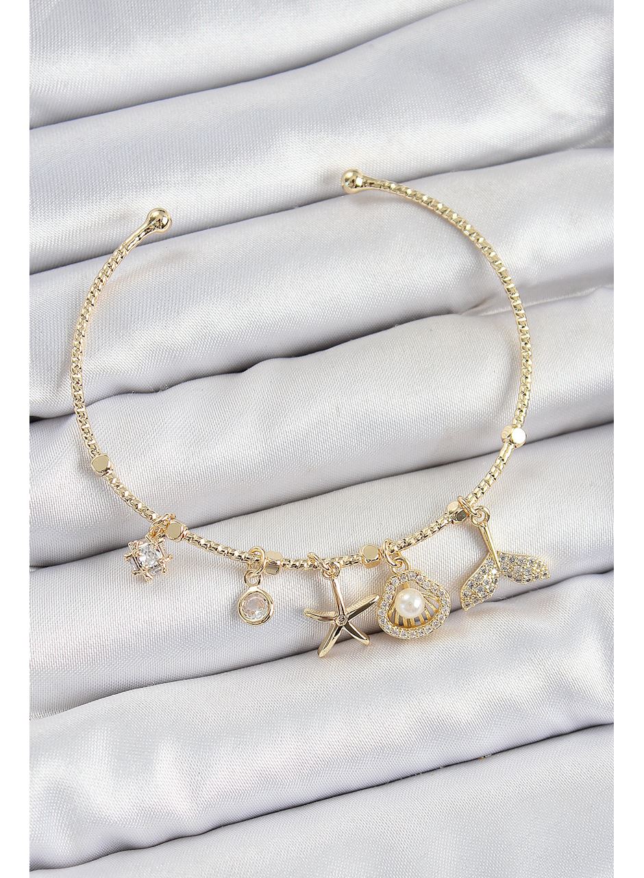 Pirinç Zirkon Taşlı İstiridye Ve Deniz Yıldızı Model Gold Renk Charm Bileklik